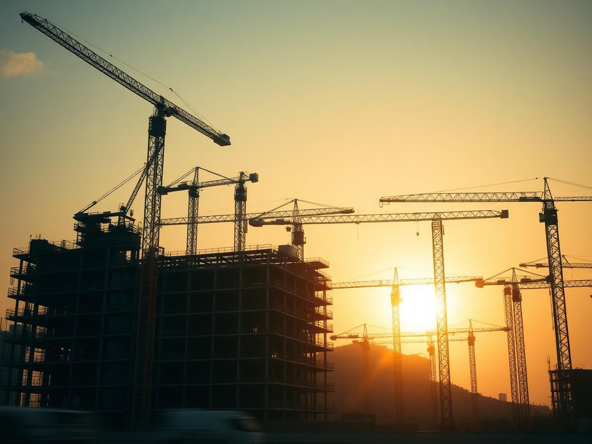 موقع إنشاءات حديث يضم رافعات ومبانٍ قيد التنفيذ